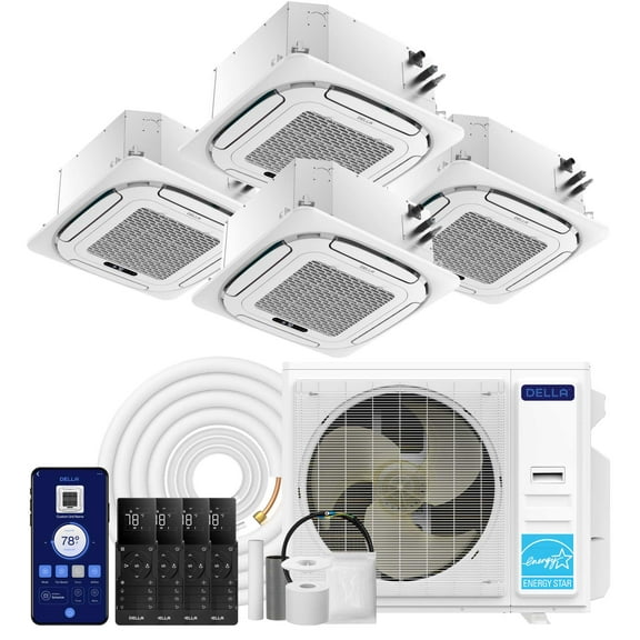 DELLA 42,000 BTU 4 Zone (9K+9K+12K+12K) Ceiling Cassette Mini Split AC, Ultra Heat -13℉, 360° Airflow, Covers 960 Sq.Ft, Energy Star, 22 SEER2 208-230V, Work with Alexa,Pre-Charged Heat Pump,25ft Kit