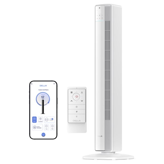 DELLA 42" Smart Tower Fan for Bedroom, 28ft/s Airflow, Ultra Quiet 23dB, Cooling Fan with 12 Speeds, 90° Oscillating, DC Motor, 24H Timer, Voice/App/Remote Control for Home, Office, Room