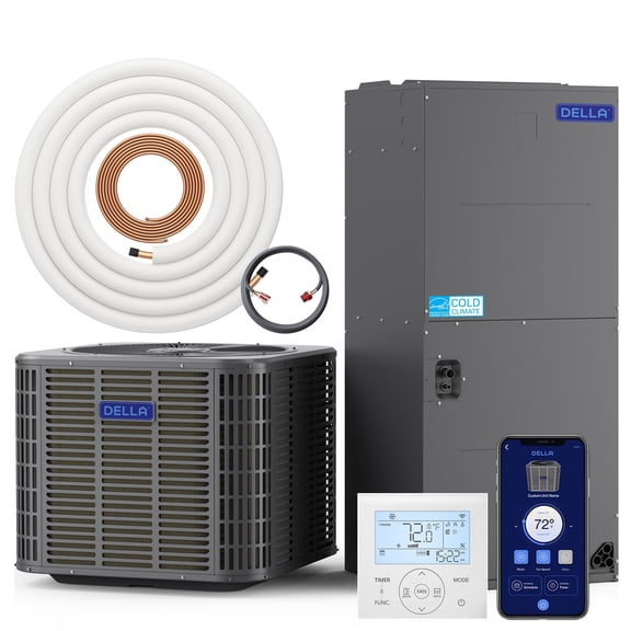 DELLA 47,000 BTU Ducted Central Air Conditioner with Air Handler, Heat Pump Inverter System, 18 SEER2 230V, Wired Controller, Two-Stage Compressor, Pre-Charged, Alexa & Wifi Control, 50ft Kit
