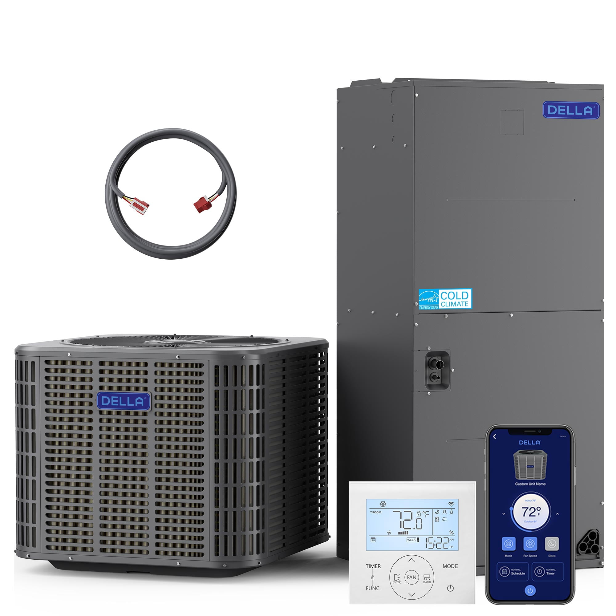 DELLA 47,000 BTU Ducted Central Air Conditioner with Air Handler, Heat Pump Inverter System AC, 18 SEER2 208-230V, Wired Controller, Two-Stage Compressor, Pre-Charged, Alexa & Wifi Control