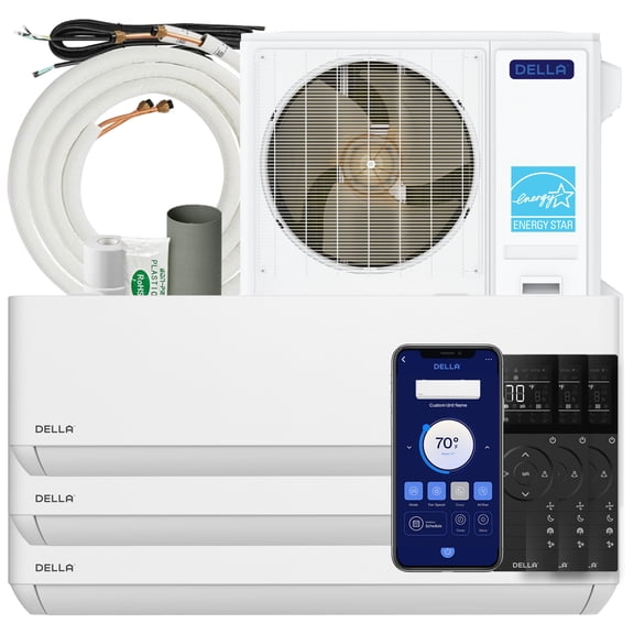 DELLA 48K BTU 3-Zone (3x18K) Soft Airflow Mini Split AC, -22℉ Ultra Hyper Heat, 24 SEER2 Energy Star, Up to 3000 Sq.Ft, Smart WiFi Alexa, Multi Zone Ductless Inverter Heat Pump, 230V, 16ft Kits