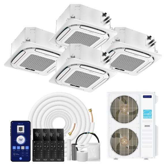 DELLA 55000 BTU 4-Zone (2x12K+16K+23K) Ceiling Cassette Mini Split AC, Ultra Heat -22℉, Covers 3600 Sq.Ft, Energy Star, 22.5 SEER2 230V, 8-way 360°Airflow,Alexa & WiFi,Pre-Charged Heat Pump,25ft Kits