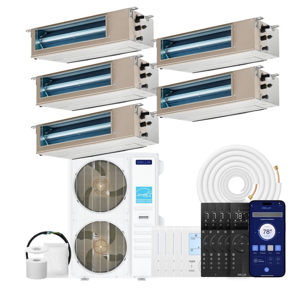 DELLA 55K BTU 5 Zone (5x9,500 BTU) Concealed Ducted Mini Split AC, 18.5 SEER2, Energy Star, 230V Inverter Heat Pump System, Pre-Charged, Work with Alexa and WiFi, 25ft Kit & Thermostat
