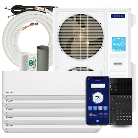 DELLA 55K BTU 5 Zone (5x9K) Mini Split Air Conditioner, Soft Airflow, Energy Star, 22.5 SEER2 230V, Up to 2000 Sq.Ft, Smart WiFi Alexa, Multi Zone Heat Pump Ductless Inverter AC, 16ft Kits
