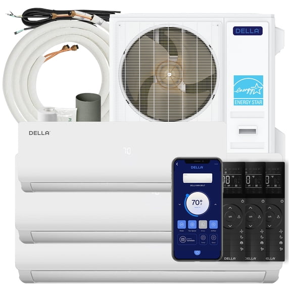 DELLA 55K BTU ODU 3 Zone (9K+2x18K BTU) Mini Split Air Conditioner, 22.5 SEER2 208-230V, Cools Up to 2400 Sq.Ft, Energy Star, Inverter AC, Work with Alexa, Pre-Charged Heat Pump, 16ft Kits