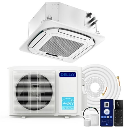 DELLA 9,500 BTU 8 - Way Ceiling Cassette Mini Split AC, Work with Alexa & APP Control, Pre-Charged Heat Pump Ductless Inverter System, Energy Star, 23 SEER2, 208-230V, 16ft installation kit included