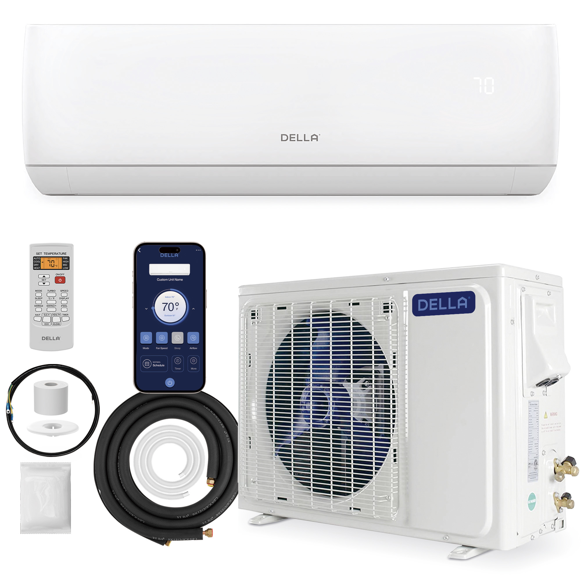 DELLA 9000 BTU Wifi Enabled Mini Split 19 SEER2 Cools Up to 450 Sq.Ft, 115V, Works with Alexa, Air Conditioner & Heater with Pre-Charged Heat Pump (R32 Refrigerant) (JA Series)