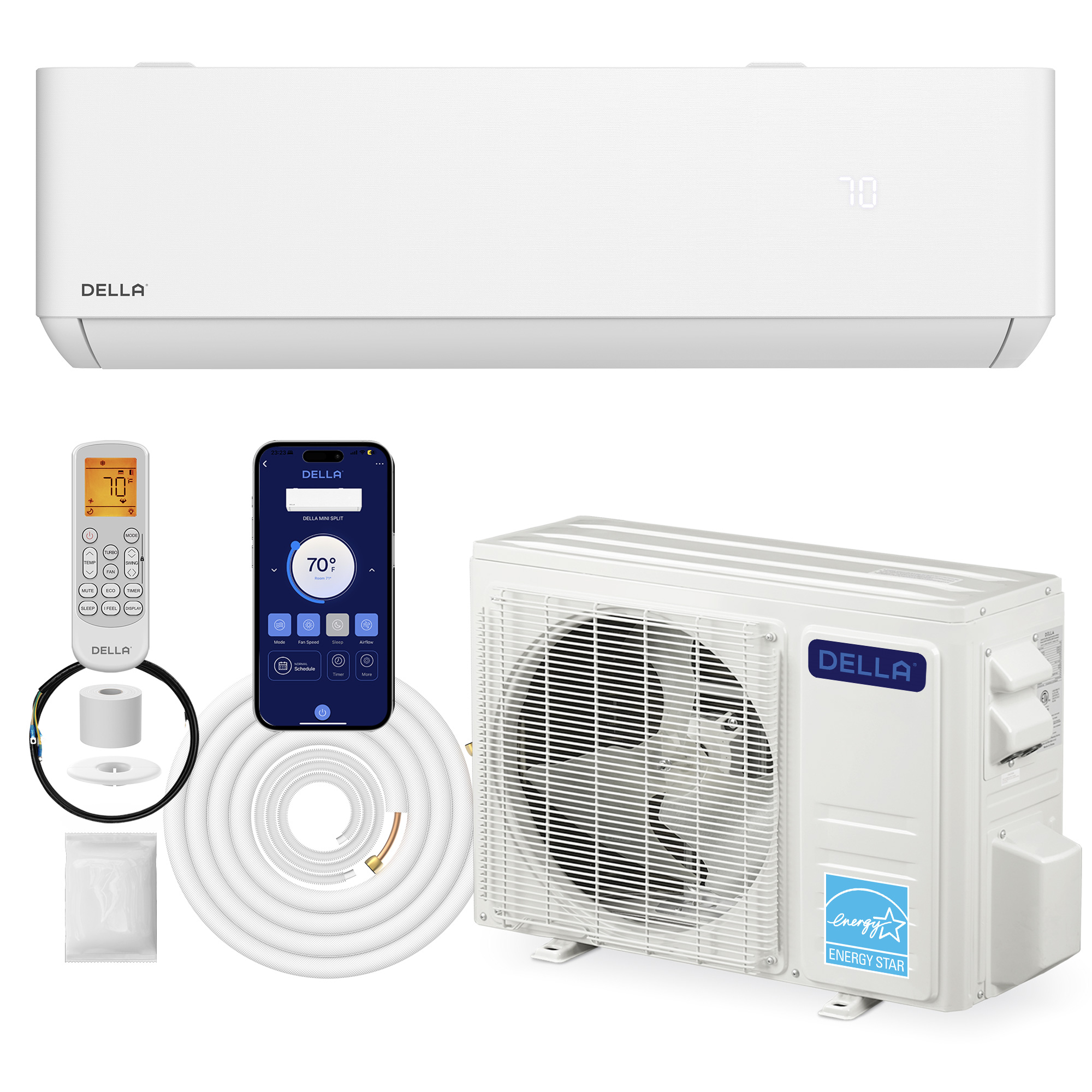DELLA Optima Series 12,000 BTU Wifi Mini Split AC, Work w/ Alexa,Energy Star 208/230V 23 SEER2 Cools Up to 550 Sq.Ft Inverter Air Conditioner w/1 Ton Pre-Charged Heat Pump & 16.4ft Installation Kits