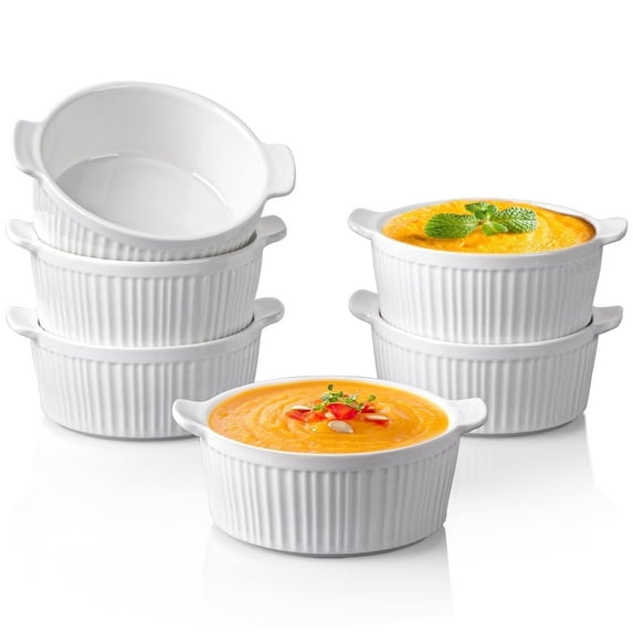 Delling Ramekins with Handle, 6 Pack Soup Bowls for French Onion Soup, Pot Pie, Lava Cakes, Creme Brulee, 12 oz Porcelain Souffle Dish for Baking,Oven