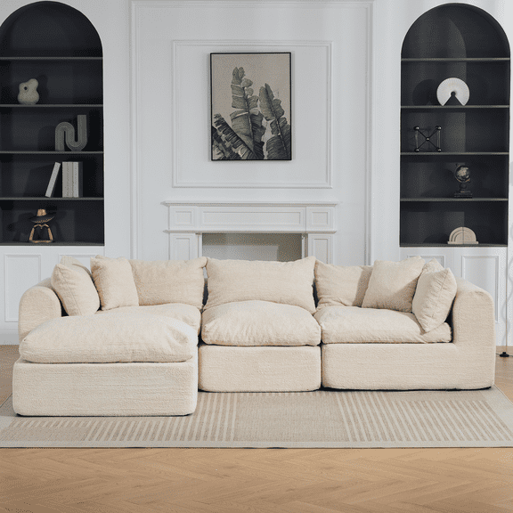 DELMANGO 113” Modular L-Shape Cloud Velvet Sectional Couch, Boneless Convertible Sofa Set with Ottoman, No Assembly, Beige