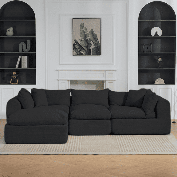 DELMANGO 113” Modular L-Shape Cloud Velvet Sectional Couch, Boneless Convertible Sofa Set with Ottoman, No Assembly, Black