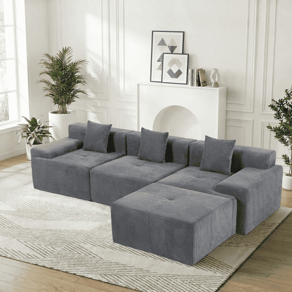 DELMANGO 119'' Cloud Sectional Sofa, Boneless Sofa with Chaise, Flexible Module Combination for Living Room, No Assembly, Grey