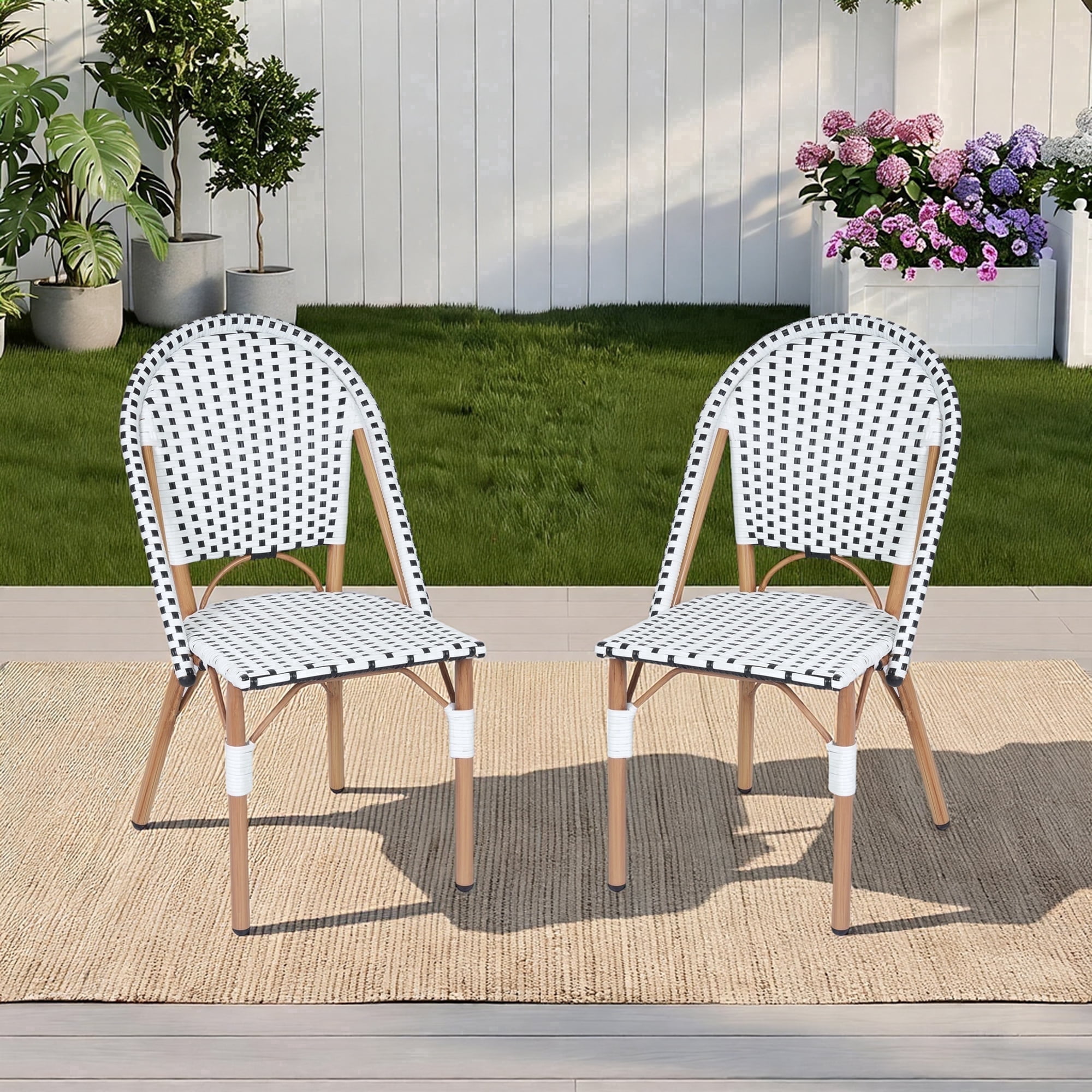 DELMANGO 2-Piece Wicker Outdoor French Bistro Chairs, Armless Patio Chairs, Stackable Dining Chairs with Metal Frame, White/Black