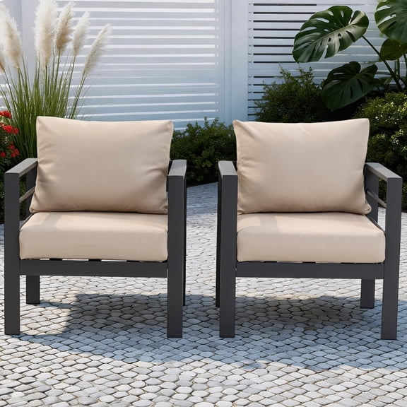 DELMANGO 2 Pieces Outdoor Patio Chairs Set with Removable Washable Cushions, Wide Armrests & All-Weather Metal Frame for Garden, Balcony, Backyard - Beige