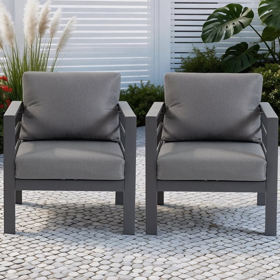 DELMANGO 2 Pieces Outdoor Patio Chairs Set with Removable Washable Cushions, Wide Armrests & All-Weather Metal Frame for Garden, Balcony, Backyard - Grey