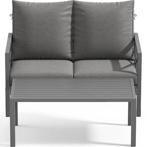 DELMANGO 2 Pieces Patio Furniture Set, Cushioned Loveseat 2 Seats Sofa Bench with Metal Coffee Table, Grey