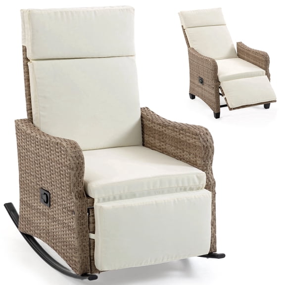 DELMANGO Outdoor Recliner Chair with Rocking/Flat Footrest, 90°–135° Reclining Backrest, Rattan Wicker & Removable Cushion for Patio, Garden, Balcony, Porch Beige