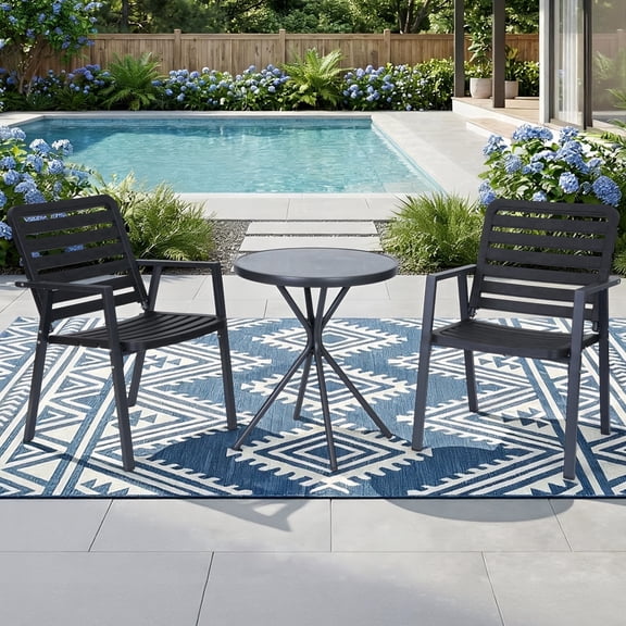DELMANGO 3-Piece Patio Bistro Set, 2 Outdoor Chairs and 1 Glass Table for Porch, Yard, Garden, Black