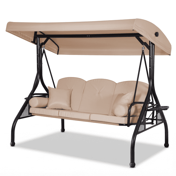 DELMANGO 3-Seat Outdoor Porch Swing with Adjustable Canopy, 2 in 1 Convertible Patio Swing Bed, Patio Glider Swing for Backyard, Beige