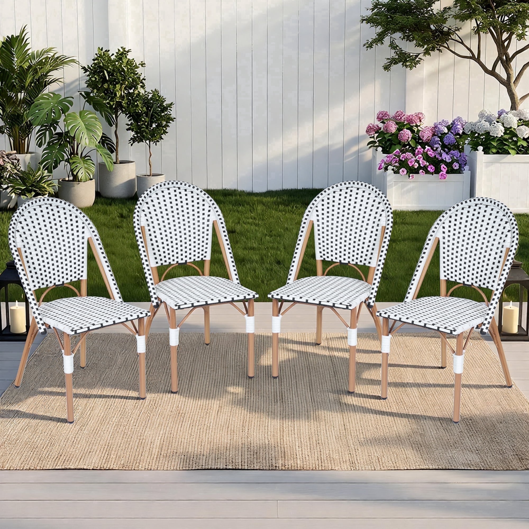 DELMANGO 4-Piece Wicker Outdoor French Bistro Chairs, Armless Patio Chairs, Stackable Outdoor Dining Chairs with Metal Frame, White/Black