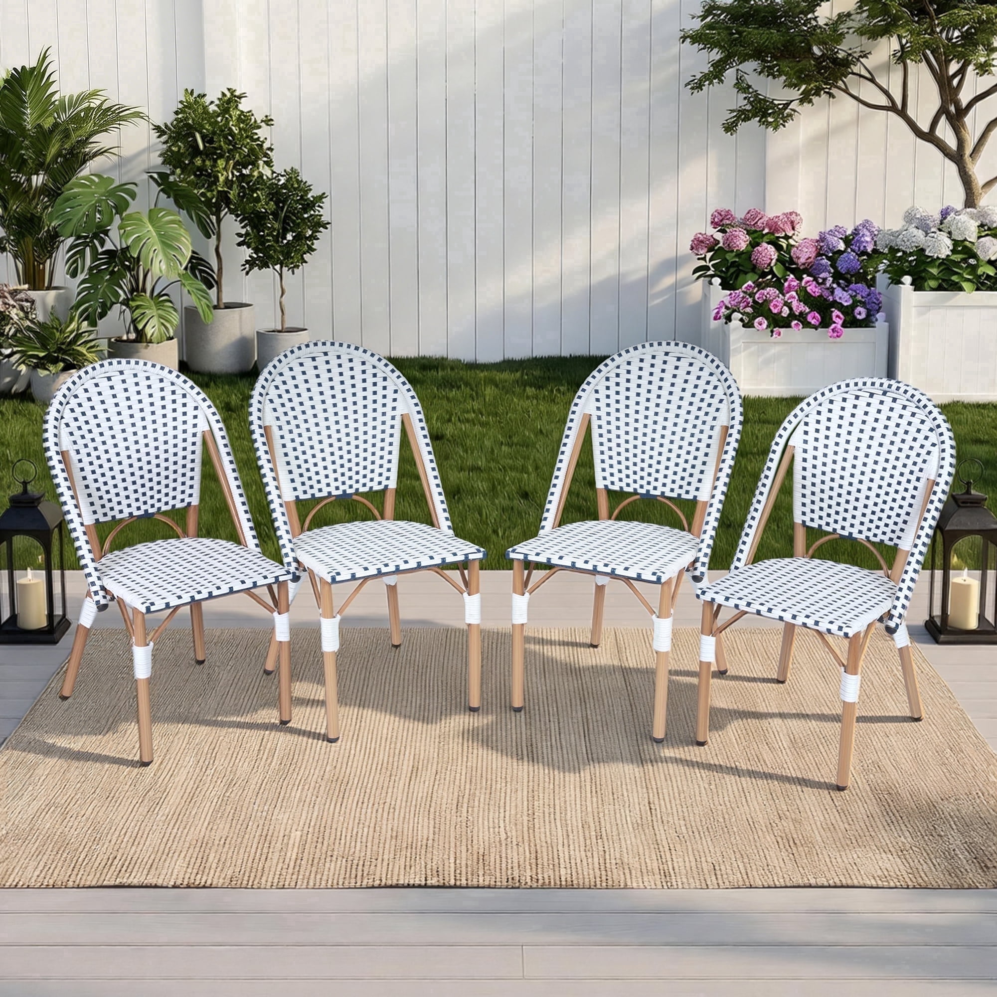 DELMANGO 4-Piece Wicker Outdoor French Bistro Chairs, Armless Patio Chairs, Stackable Outdoor Dining Chairs with Metal Frame, White/Blue