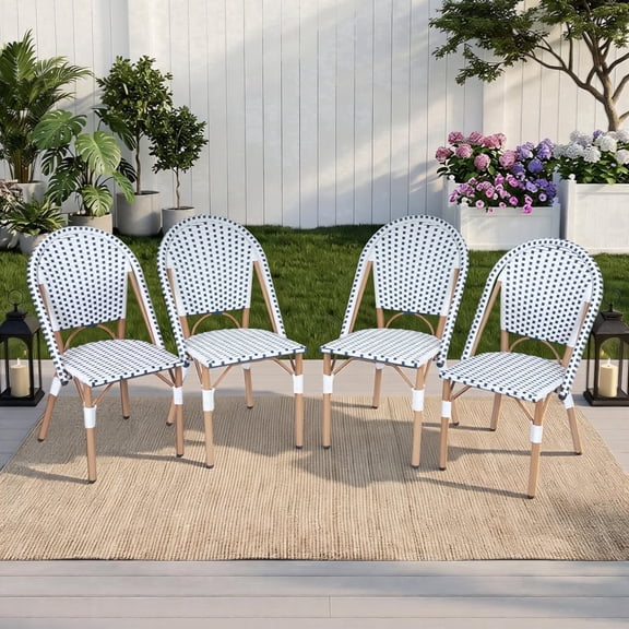 DELMANGO 4-Piece Wicker Outdoor French Bistro Chairs, Armless Patio Chairs, Stackable Outdoor Dining Chairs with Metal Frame, White/Blue
