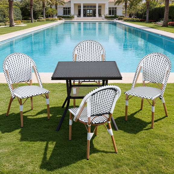 DELMANGO 5 Piece Bistro Table Chair Set, Outdoor Wicker Square Table and 4 Armless Dining Chairs for Garden Balcony Porch, Black/White