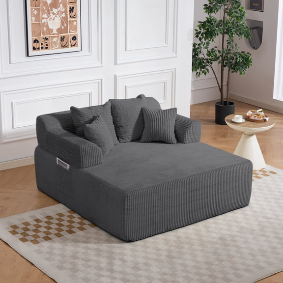 DELMANGO 58" Corduroy Chaise Lounge Chair, Oversized Boneless Sleeper Sofa with Armrests & 4 Pillows, No Assembly, for Living Room, Grey