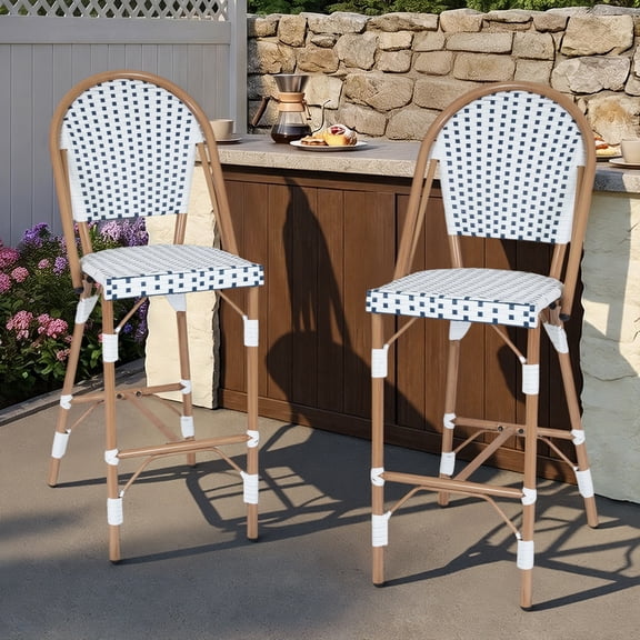 DELMANGO Bar Stool Set of 2 with Wood Print Finish French Counter Height Patio Rattan Bar Stool Chairs for Porch Garden Indoor Kitchen, White/Blue