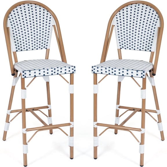 DELMANGO Bar Stool Set of 2 with Wood Print Finish French Counter Height Patio Rattan Bar Stool Chairs for Porch Garden Indoor Kitchen, White/Blue