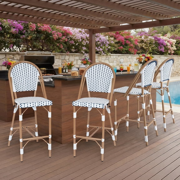 DELMANGO Bar Stool Set of 4 with Wood Print Finish French Counter Height Patio Rattan Bar Stool Chairs for Porch Garden Indoor Kitchen, White/Black