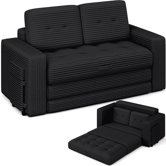 DELMANGO Convertible Loveseat Sleeper Sofa, Boneless Pull-Out Folding Couch Bed with Pillows for Living Room & Bedroom, Black