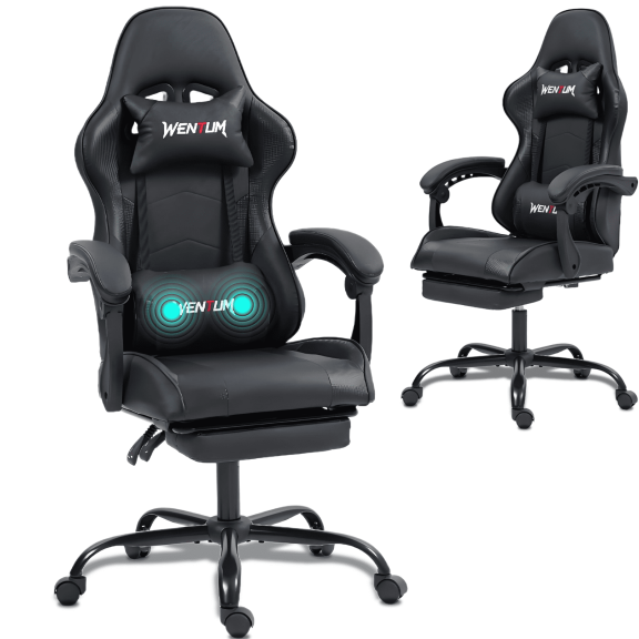 DELMANGO Ergonomic Reclining Gaming Chair with Linkage Armrests & Footrest, Racing Style Office Chair, PU Leather Computer Desk Chair, Black