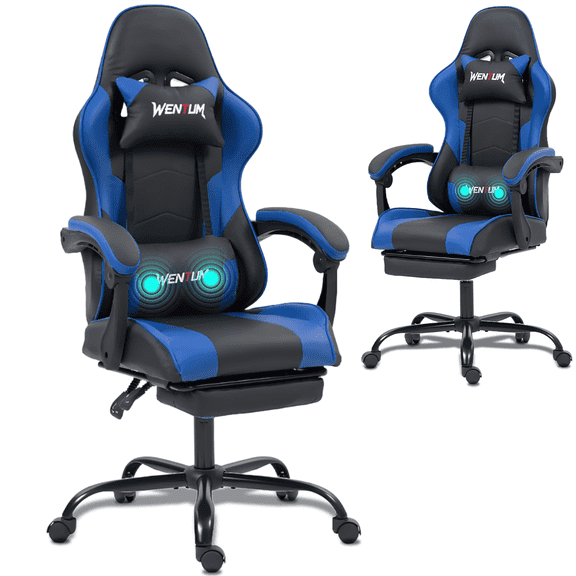 DELMANGO Ergonomic Reclining Gaming Chair with Linkage Armrests & Footrest, Racing Style Office Chair, PU Leather Computer Desk Chair, Blue