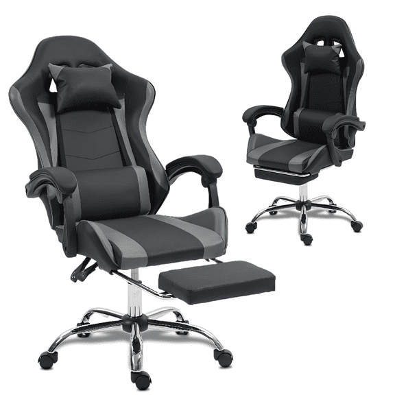 DELMANGO Ergonomic Video Game Chair with Massage Lumbar Support, Adjustable Headrest & Footrest, 90-135° Recline & 360° Swivel, Grey