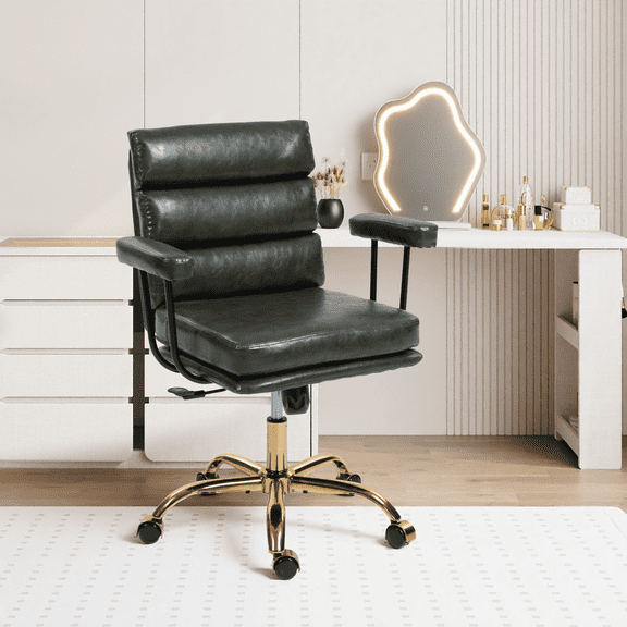 DELMANGO Faux Leather Home Office Desk Chair with Padded Seat & Armrests, Gold Base Vanity Swivel Chair with Adjustable Height and Wheels, Brown