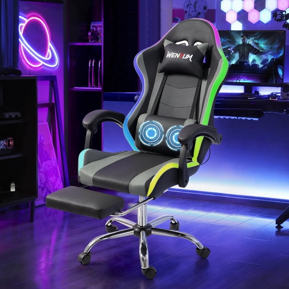 DELMANGO Gaming Chair,Racing Style RGB LED Lights Gaming Chair with Footrest and Massage Lumbar Support ,High Back Reclining Computer Chair for Adults and Kids Gray/Black