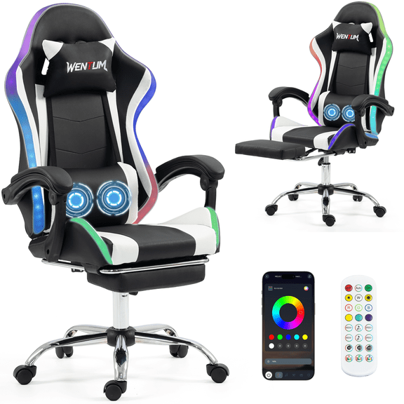 DELMANGO Gaming Chair,Racing Style RGB LED Lights Gaming Chair with Footrest and Massage Lumbar Support ,High Back Reclining Computer Chair for Adults and Kids White/Black