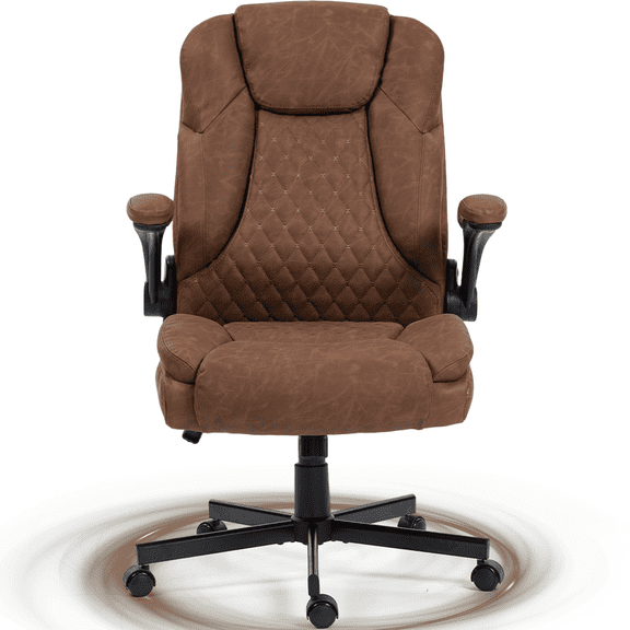 DELMANGO High-Back Executive Office Chair, Ergonomic Computer Desk Chair with Rocking Feature, PU Leather, Flip-Up Armrests and Lumbar Support, Brown