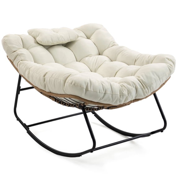 DELMANGO Oversized Rocking Chair, Outdoor Egg Chair, All-Weather Patio lounger with Thick Cushion, Steel Wicker Rocker, Indoor Papasan lawn Chair for Living room Bedroom Porch Balcony Beige