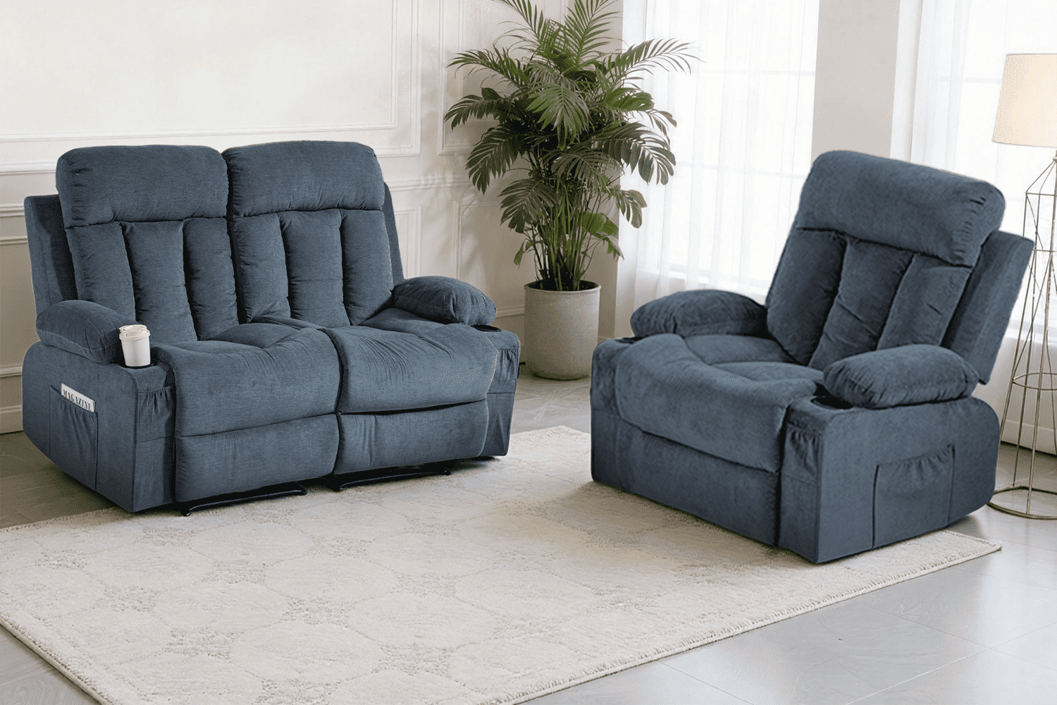 DELMANGO Manual Recliner Sofa Set for Elderly, 2 Piece Reclining Living Room Furniture Sets with Cup Holders for Home Theater, Office (Blue, Loveseat+Chair)