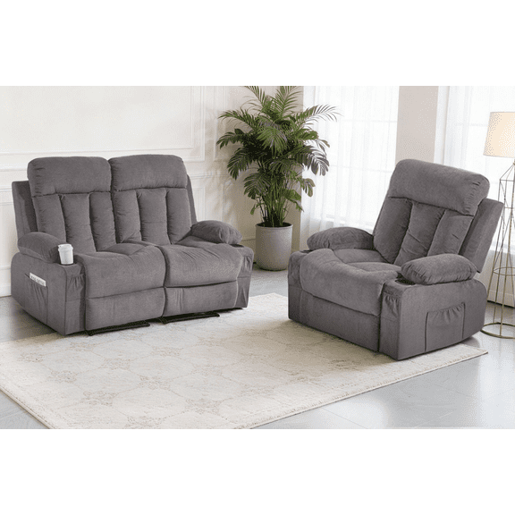 DELMANGO Manual Recliner Sofa Set, 2 Piece Reclining Living Room Furniture Sets with Cup Holders for Home Theater, Office (Grey, Loveseat+Chair)