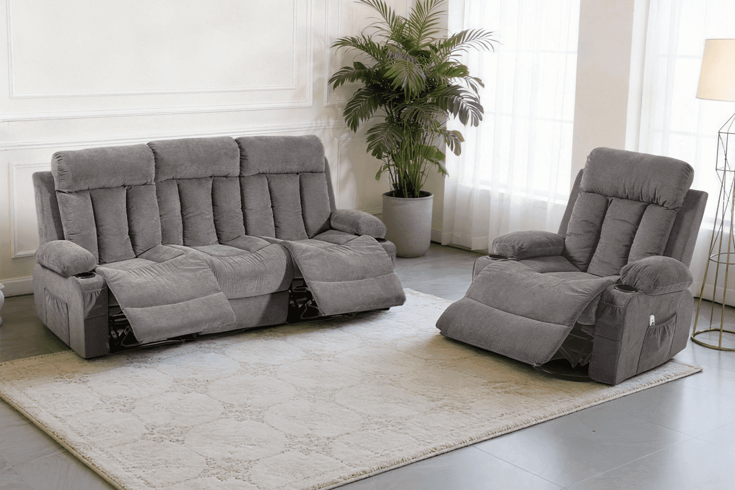 DELMANGO Manual Recliner Sofa Set, 2 Piece Reclining Living Room Furniture Sets with Cup Holders for Home Theater, Office (Grey, Sofa+Chair)