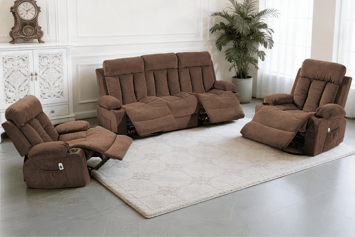 DELMANGO Manual Recliner Sofa Set, 3 Piece Reclining Living Room Furniture Sets with Cup Holders for Home Theater, Office (Brown, Sofa+Chair+Chair)