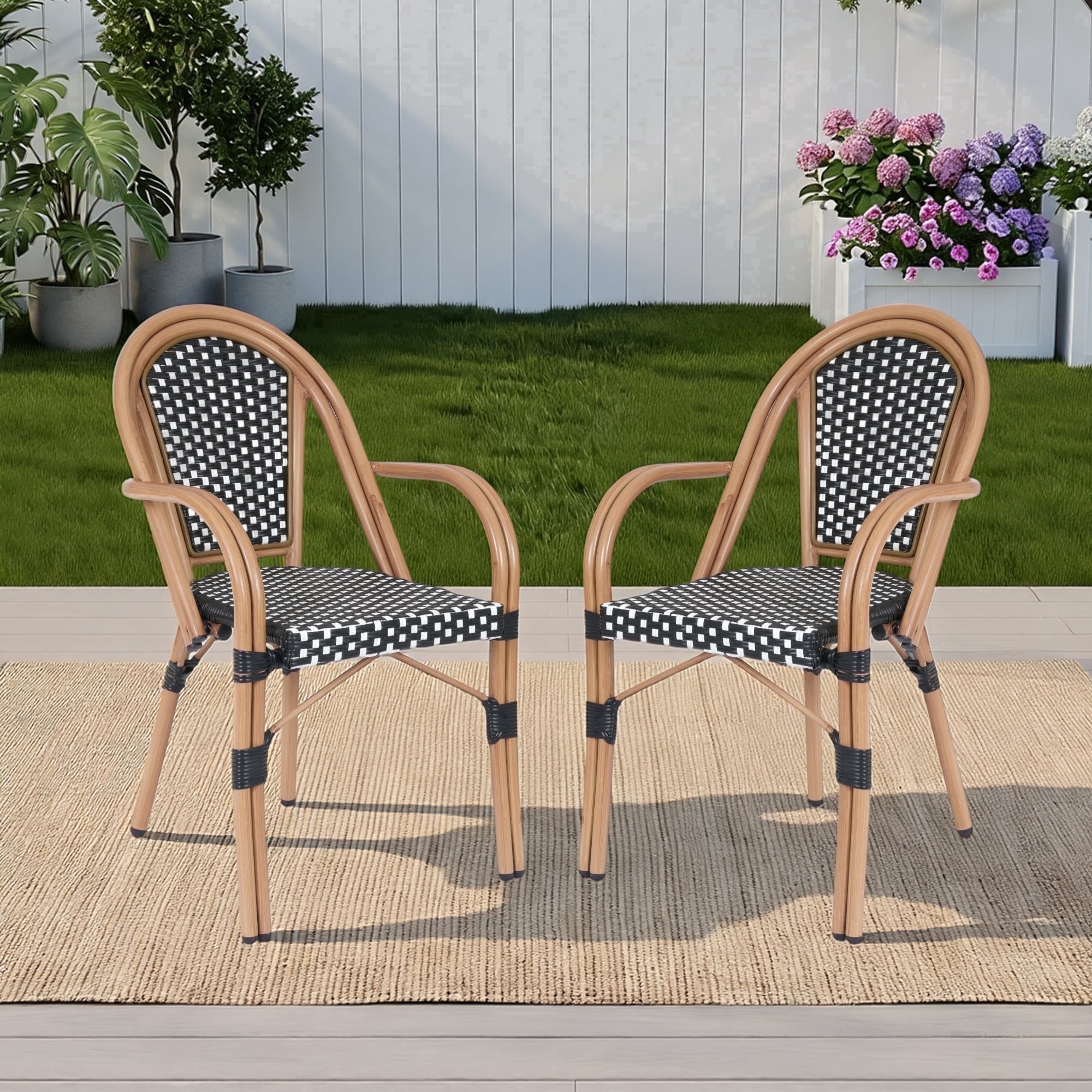 DELMANGO Metal & Faux Rattan Bistro Chairs, Stackable Patio Chairs, Outdoor Dining Armchairs, White/Black (Set of 2)