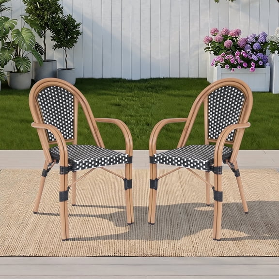 DELMANGO Metal & Faux Rattan Bistro Chairs, Stackable Patio Chairs, Outdoor Dining Armchairs, White/Black (Set of 2)