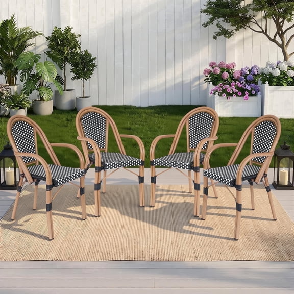 DELMANGO Metal & Faux Rattan Bistro Chairs, Stackable Patio Chairs, Outdoor Dining Armchairs, White/Black (Set of 4)