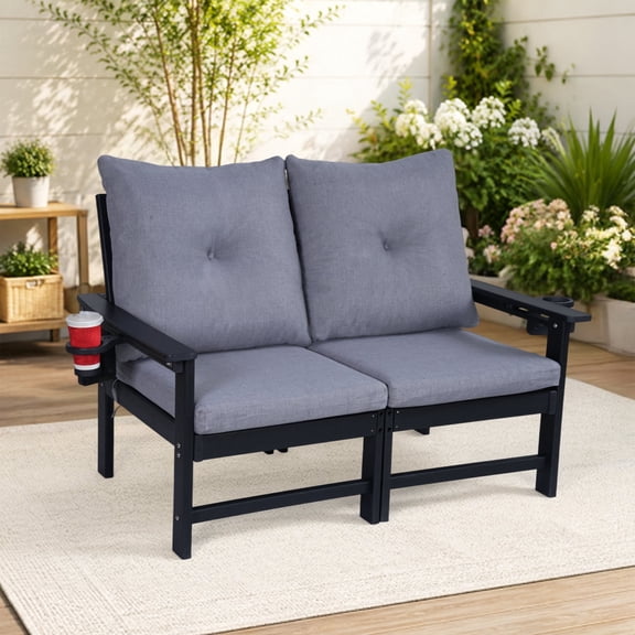 DELMANGO Outdoor Sofa, 2-Seater Metal Frame Chair Couch with Removable Washable Cushions, Wide Armrests & All-Weather for Garden, Balcony, Backyard - Beige