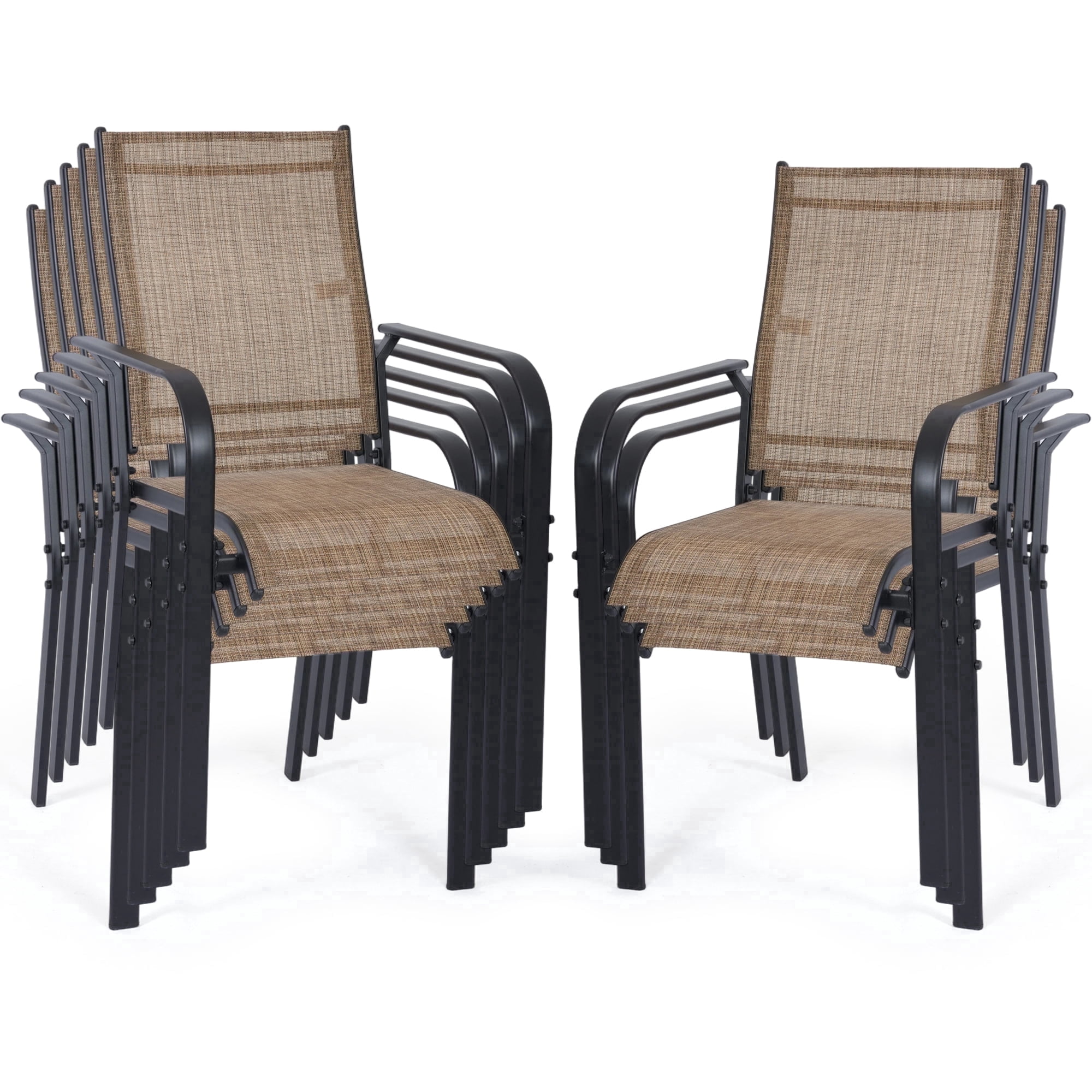 DELMANGO Patio Chairs Set of 8, Outdoor Dining Chairs High Back, All-Weather Padded Textilene Dining Chair for Lawn Porch Garden,Brown