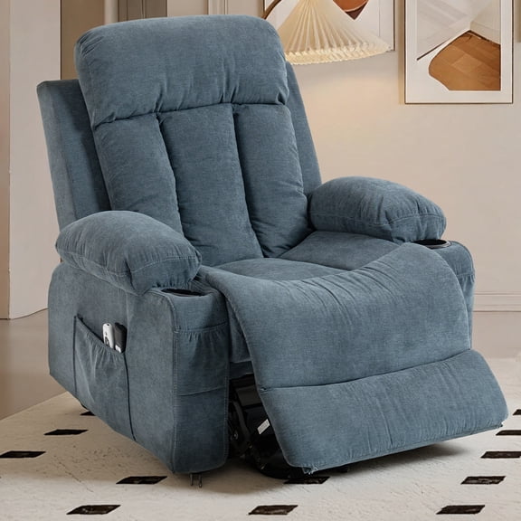 DELMANGO Power Lift Recliner Chair for Elderly, Electric Oversized Reclining Sofa with Vibration Massage & Heat, Cup Holder and USB Charging Port for Living Room, Blue